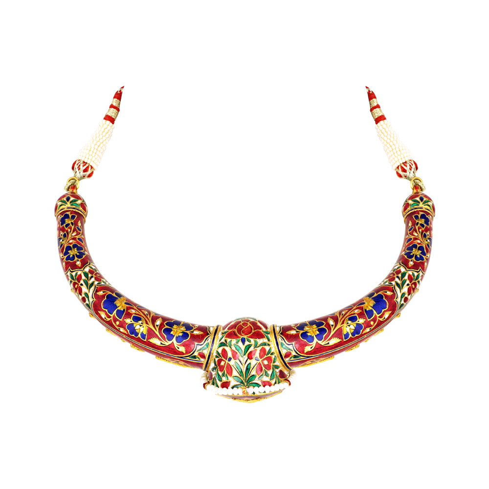Hasli Necklace with Red Meena, Polki, and Central Floral Medallion